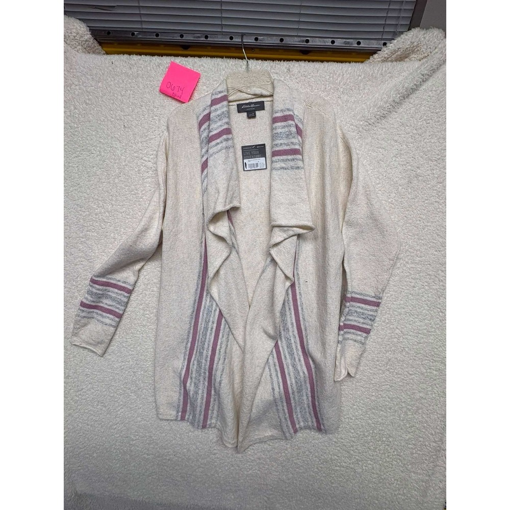 Eddie Bauer Sleepwear Ivory Lunar Spun Open Front Cardigan Wrap Purple Stripe M